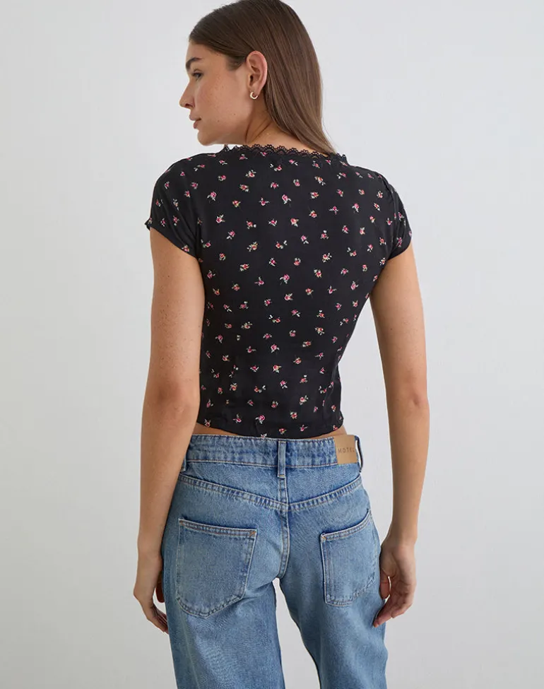 Asana Top in Black with Red Rose Ditsy Print