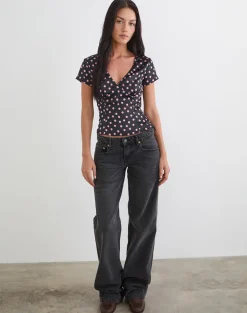Asena Top in Black Satin Scattered with Pink Polka