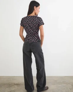 Asena Top in Black Satin Scattered with Pink Polka