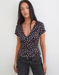 Asena Top in Black Satin Scattered with Pink Polka
