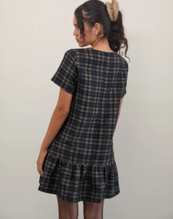Asterin Mini Smock Dress in Navy Mustard Check