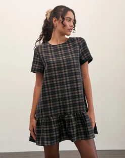 Asterin Mini Smock Dress in Navy Mustard Check