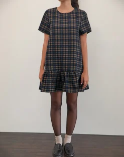 Asterin Mini Smock Dress in Navy Mustard Check