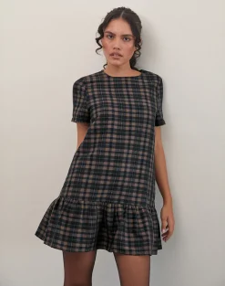 Asterin Mini Smock Dress in Navy Mustard Check