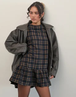 Asterin Mini Smock Dress in Navy Mustard Check