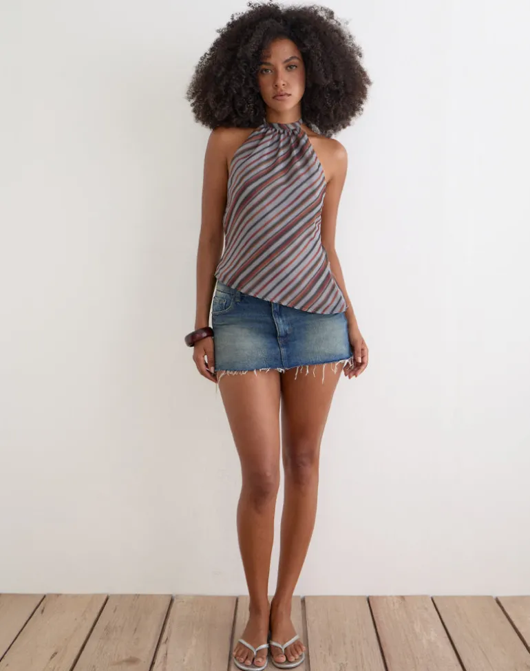 Astina Halterneck Top in Chiffon Grey and Maroon Diagonal Stripe