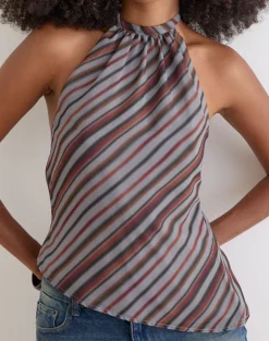 Astina Halterneck Top in Chiffon Grey and Maroon Diagonal Stripe