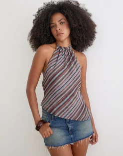 Astina Halterneck Top in Chiffon Grey and Maroon Diagonal Stripe