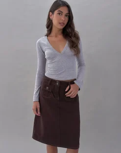 Astor Midi Skirt in Brown with Contrast Stitch