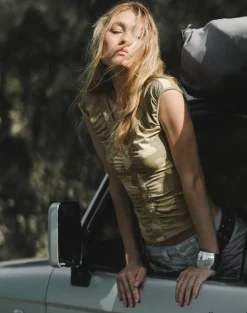 Atheia Gathered V-Neck Top in Blurry Camo Khaki