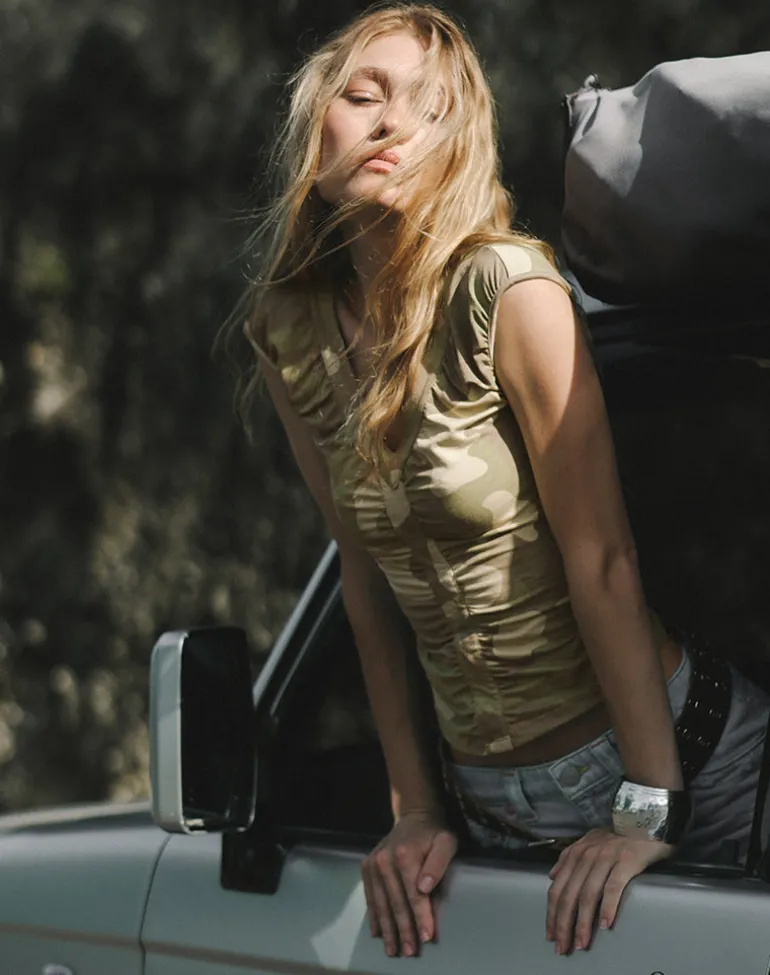 Atheia Gathered V-Neck Top in Blurry Camo Khaki