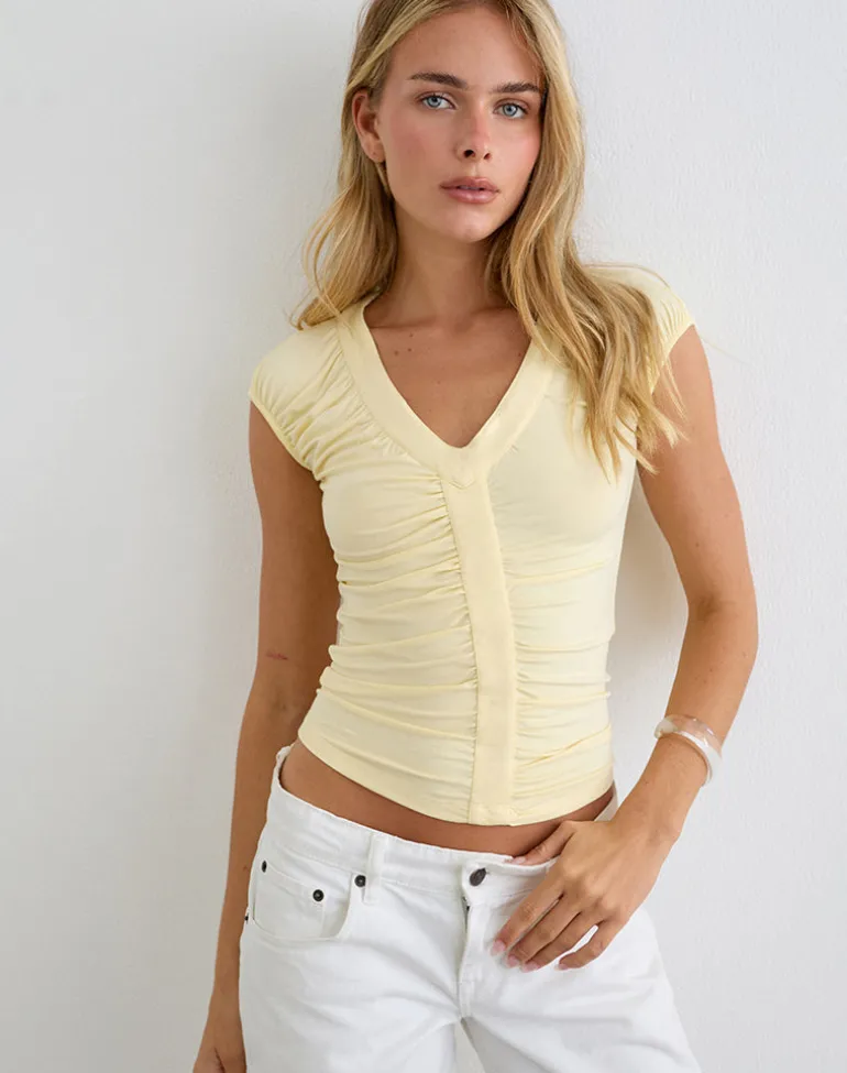 Atheia Gathered V-Neck Top in Rayon Jersey Lemon