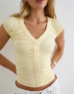 Atheia Gathered V-Neck Top in Rayon Jersey Lemon