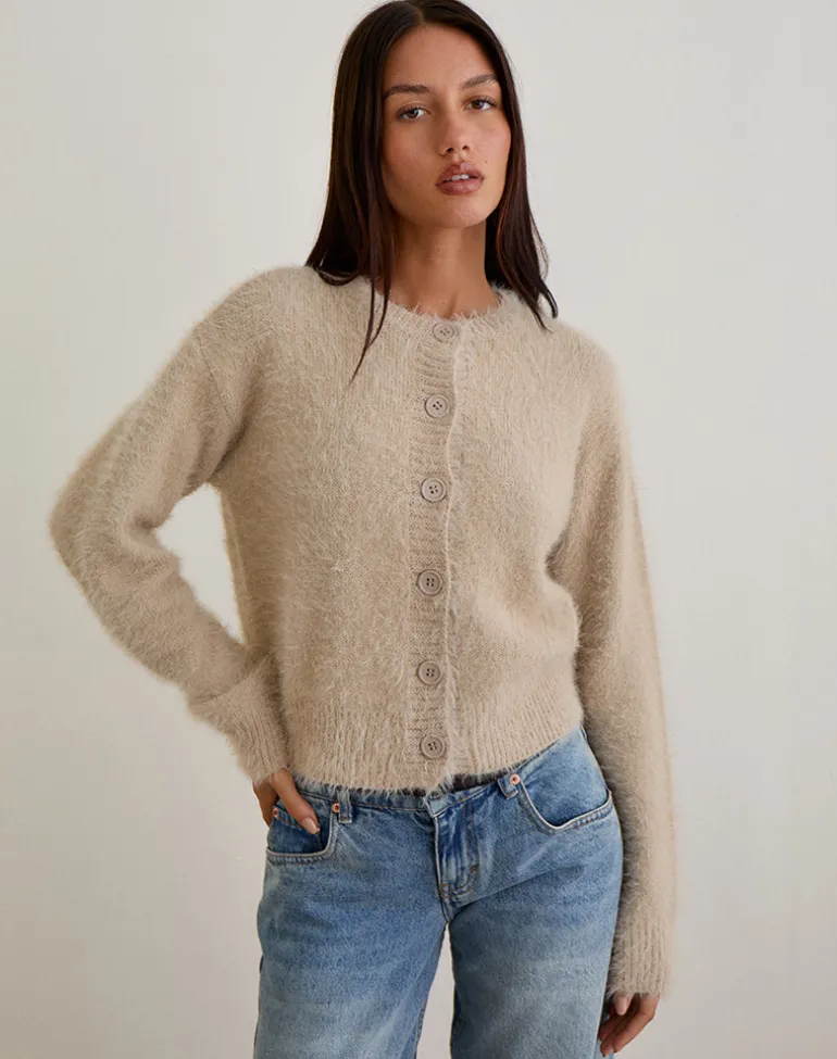 Audrina Cardigan in Fluffy Knit Beige