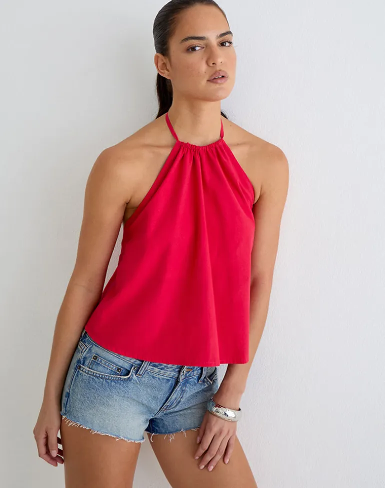 Aure Halterneck Top in Poplin Scarlet Red
