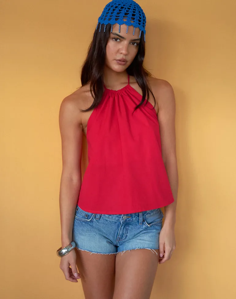 Aure Halterneck Top in Poplin Scarlet Red