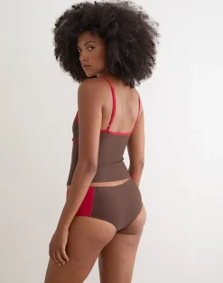 Avilina Swim Short in Brown with Red Binding