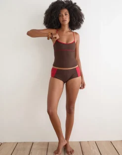 Avilina Swim Short in Brown with Red Binding