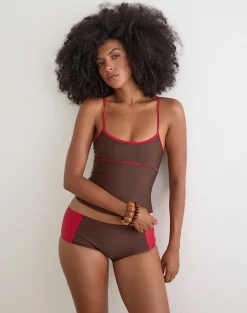 Avilina Swim Short in Brown with Red Binding