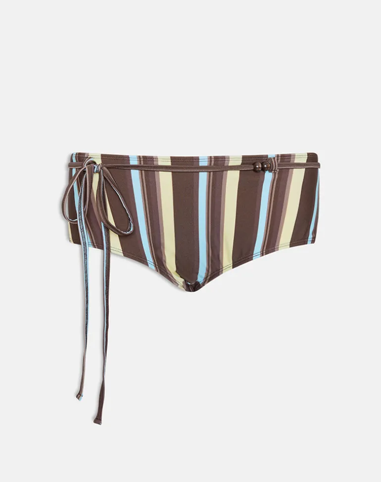 Avi Swim Short in Brown and Blue Linear Stripe with Tie Waist