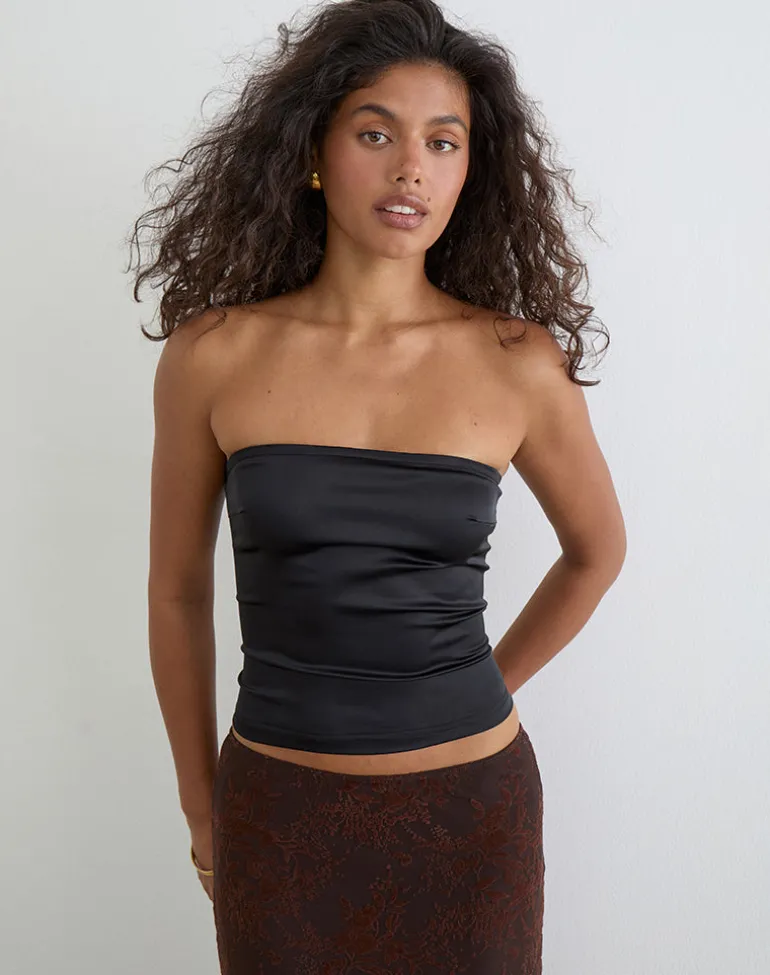 Ayaka Lace Up Corset Top in Satin Black