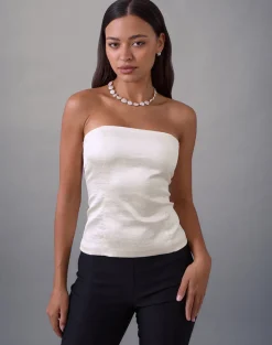 Ayaka Lace Up Corset Top in Satin Jacquard Ivory