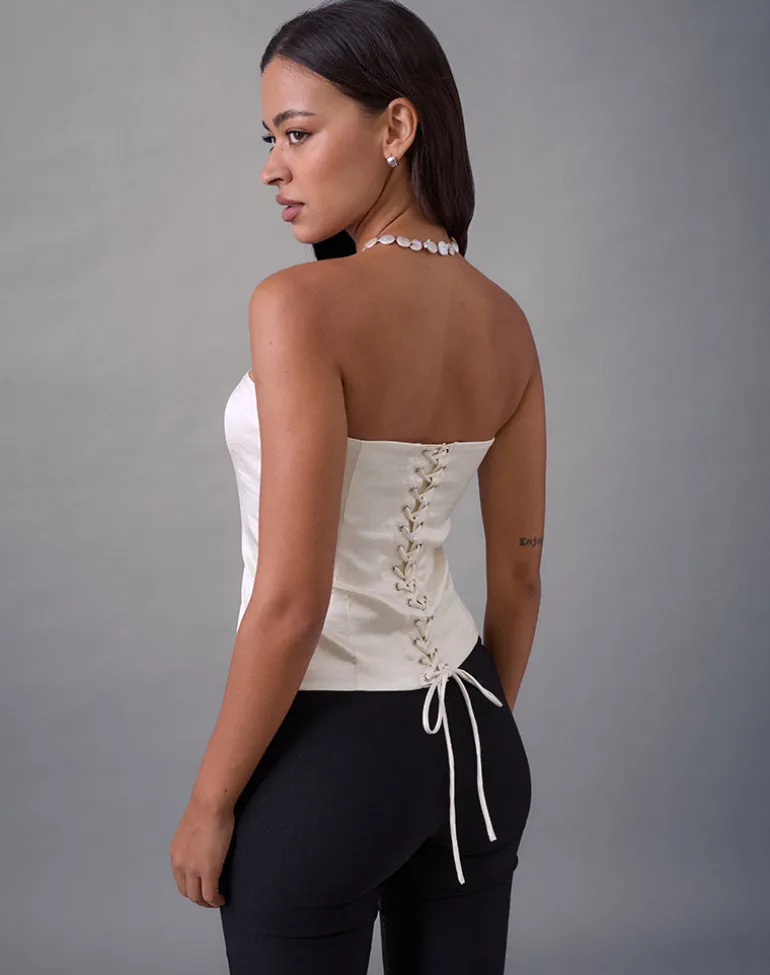 Ayaka Lace Up Corset Top in Satin Jacquard Ivory
