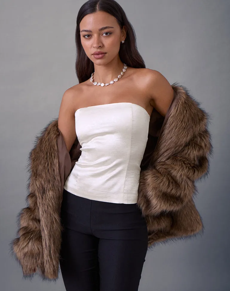 Ayaka Lace Up Corset Top in Satin Jacquard Ivory
