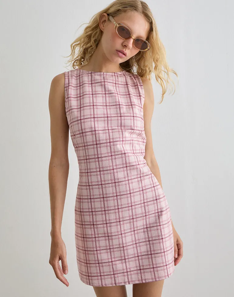 Ayana Backless Mini Dress in Basic Tartan Pink