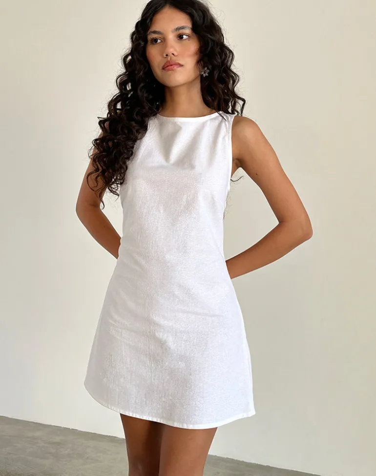 Ayana Open Back Mini Dress in Off White Linen