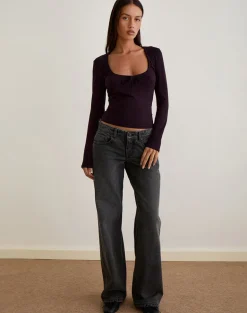 Aye Plunge Long Sleeve Top with Ruched Neck in Redwood
