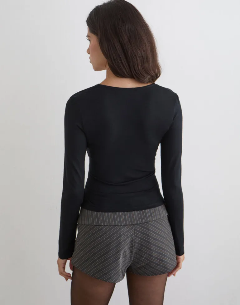 Aye Plunge Long Sleeve Top with Ruched Neck in Black