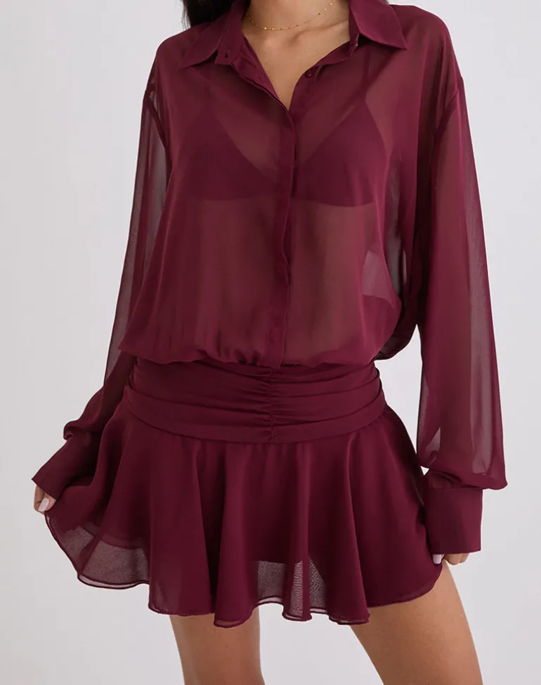 Azphira Long Sleeve Button Up Playsuit in Burgundy
