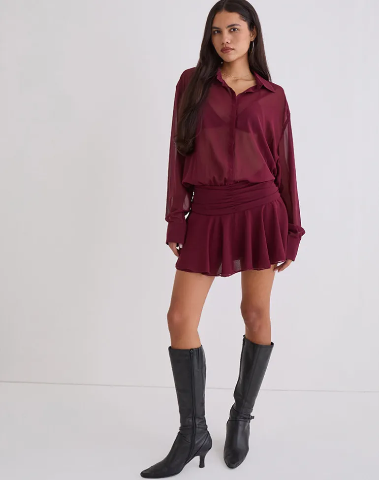 Azphira Long Sleeve Button Up Playsuit in Burgundy