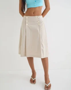 Babete Pleat Midi Skirt in Cotton Light Twill Stone