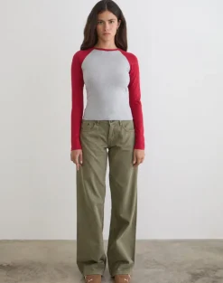 Balqis Long Sleeve Top in Grey Marl Adrenaline Red Combination