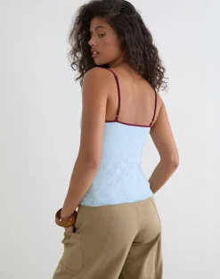 Barlyn Cami Top in Lace Turquoise with Burgundy Binding