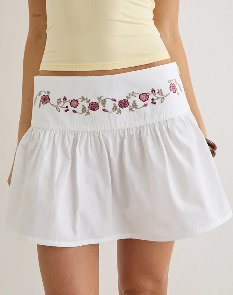 Becita Mini Skirt in Poplin White with Cherry Blossom Embroidery