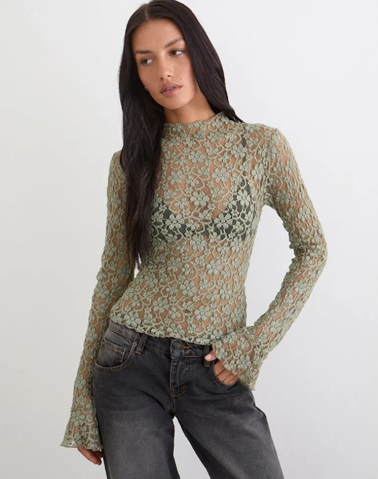 Beerus Long Sleeve Mock Neck Top in Lace Sage Green