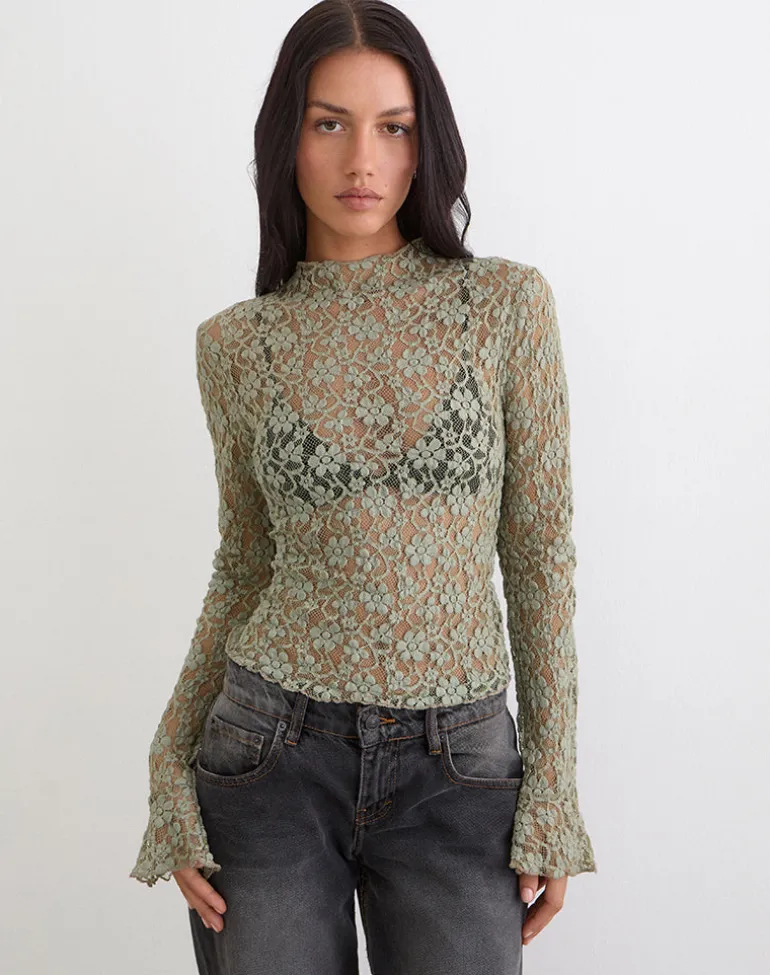Beerus Long Sleeve Mock Neck Top in Lace Sage Green