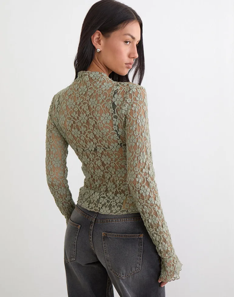 Beerus Long Sleeve Mock Neck Top in Lace Sage Green