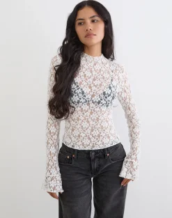 Beerus Long Sleeve Mock Neck Top in Lace Ivory