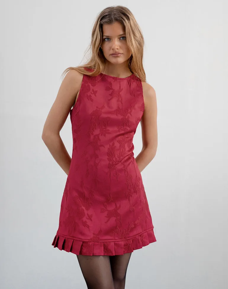Benian Mini Dress in Satin Jacquard Red