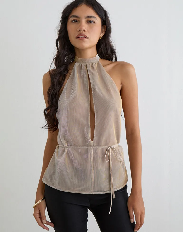 Benicia High Neck Keyhole Top in Gold