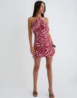 Beyza Halter Mini Dress in Zebra Print Red