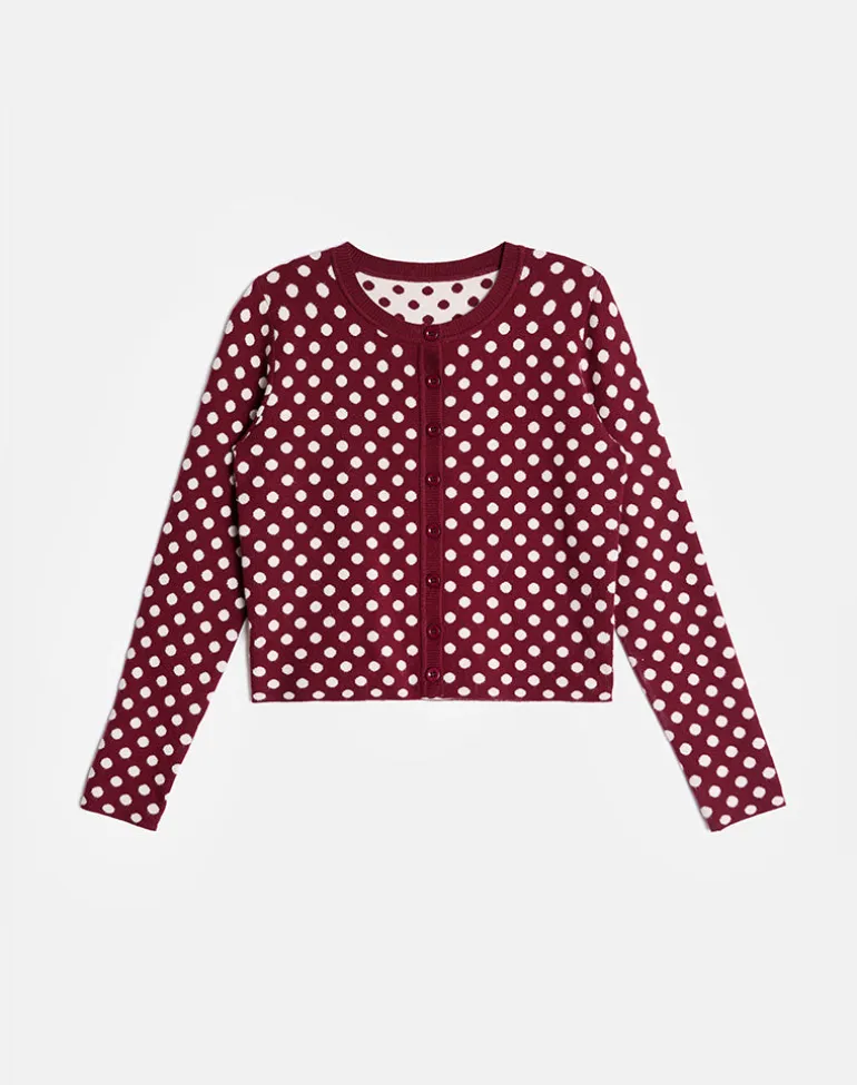 Bhavina Cardigan in Burgundy with Cream Polka Print
