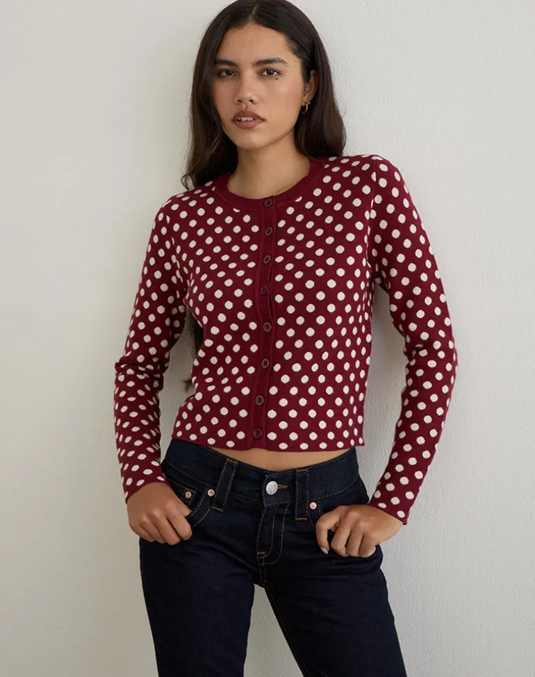 Bhavina Cardigan in Burgundy with Cream Polka Print