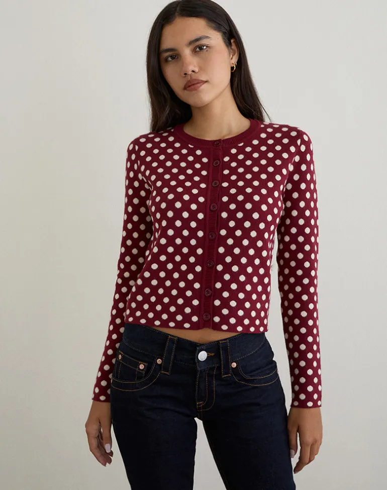 Bhavina Cardigan in Burgundy with Cream Polka Print
