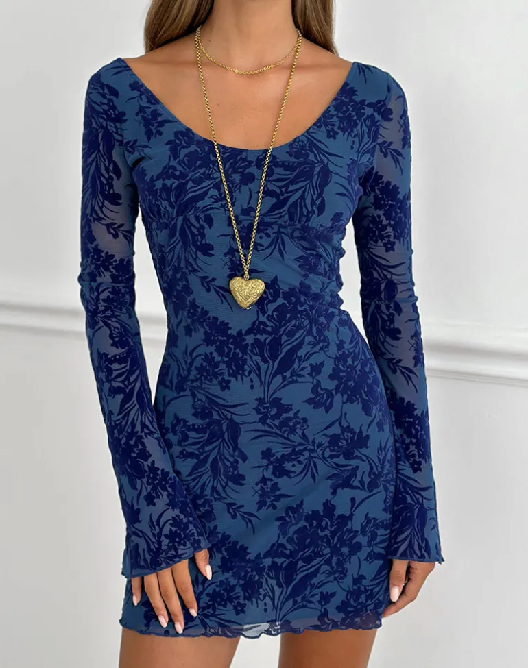 Bindara Mini Dress in Navy with Midnight Leaf Flock