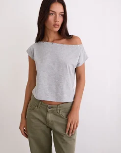 Bizzy Top with Studded Neckline in Grey Marl